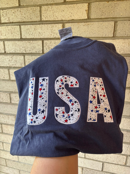Appliqué USA with White Fabric & Red/Blue Stars