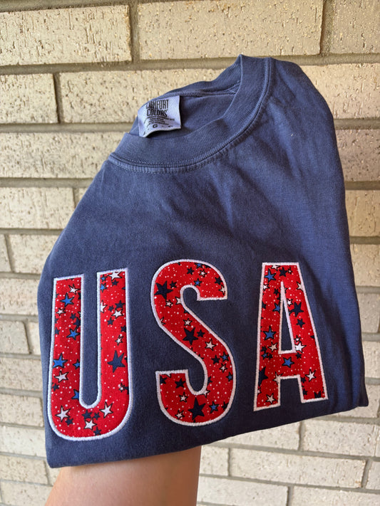 Appliqué USA with Red Fabric & white/blue stars